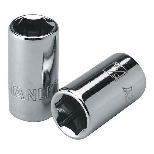 Stanley 4-86-021 chrome socket set, front angle, showing two shiny hexagonal sockets.