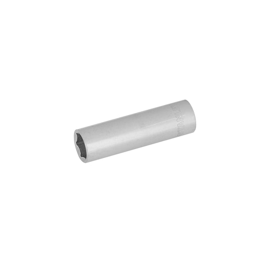 STANLEY 4-86-098 long chrome socket, side angle, white background, hand tool accessory.
