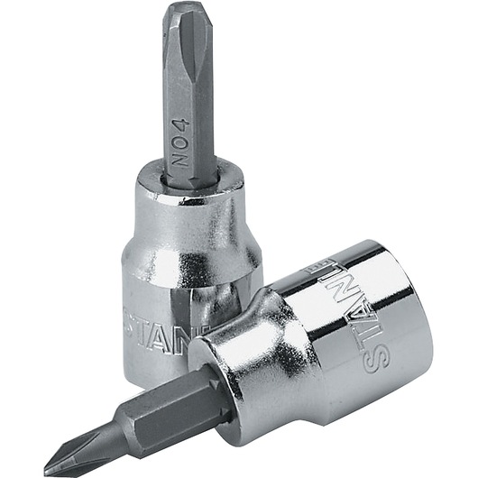 STANLEY 4-86-177 chrome screwdriver bits photography, front angle on white background.