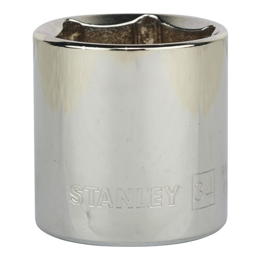Photo of STANLEY 4-86-196 chrome socket tool, front angle, showing engraved brand and size marking.