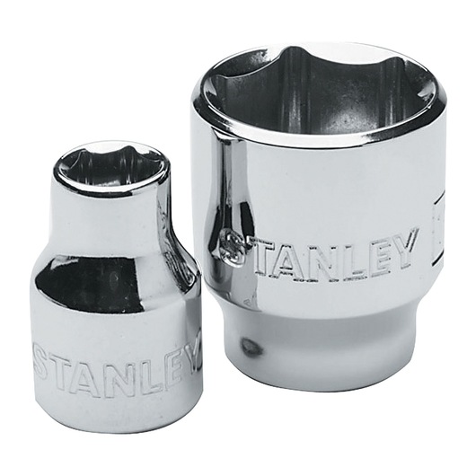 STANLEY 4-86-301 chrome socket set, two pieces, side angle, photography on white background.