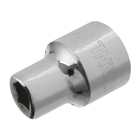 Stanley 4-86-303 chrome socket photo, side angle, showing hex opening and engraved brand name.