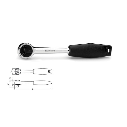STANLEY 4-86-395 ratchet handle with black ergonomic grip shown side view, includes technical drawing.