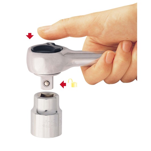 STANLEY 4-86-395 ratchet handle with finger pressing release button, socket shown detached, white background.