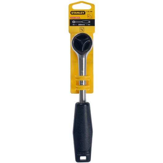 STANLEY 4-86-396 ratchet handle, 200mm, black and chrome, on retail packaging, front view.