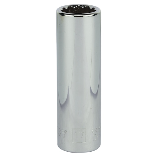 STANLEY 4-86-425 chrome deep socket, 12-point, 17mm, photographed upright on white background.
