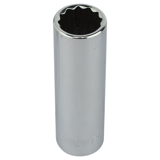 Stanley 4-86-425 chrome deep socket, tool accessory, photographed upright on white background.