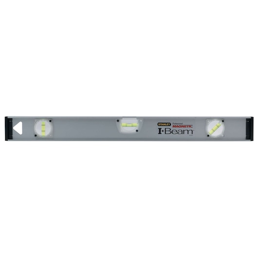 Stanley I-Beam magnetic level, silver with three bubble vials, front view on white background
