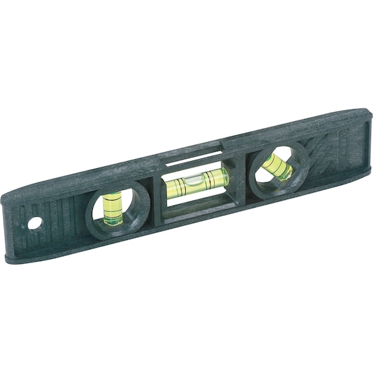 STANLEY 42-291 black plastic spirit level with three bubble vials, top angle on white background.