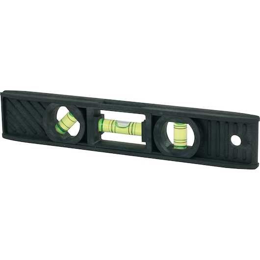 Photo of STANLEY 42-291 black plastic torpedo level with three yellow vials, front angle on white background.