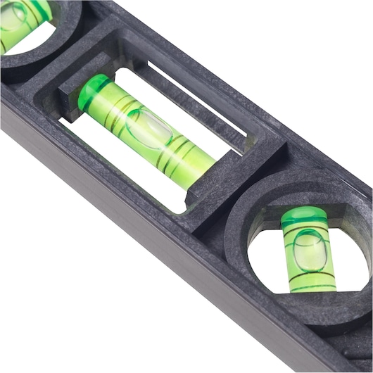 Photo of STANLEY 42-291 level tool close-up showing green vials, angled on white background.