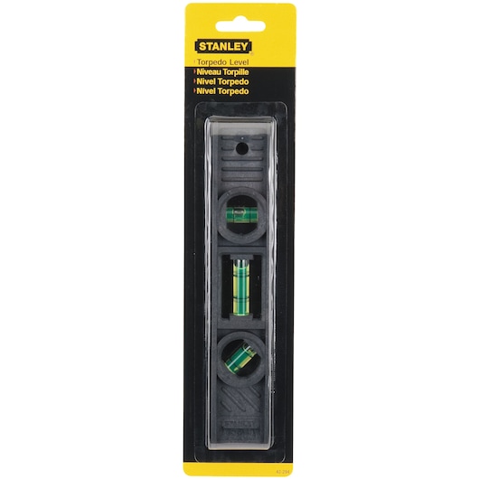 STANLEY 42-291 torpedo level in black and yellow retail packaging, front view on white background.