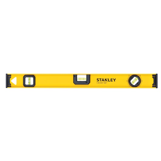 Stanley I-Beam 180 yellow spirit level, front view, with three bubble vials and black end caps.