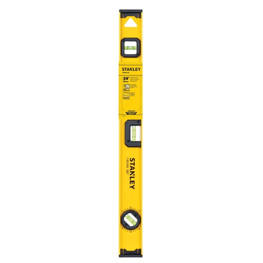 Photo of STANLEY 24-inch yellow box level SKU 42-324, three vials, front view on white background.