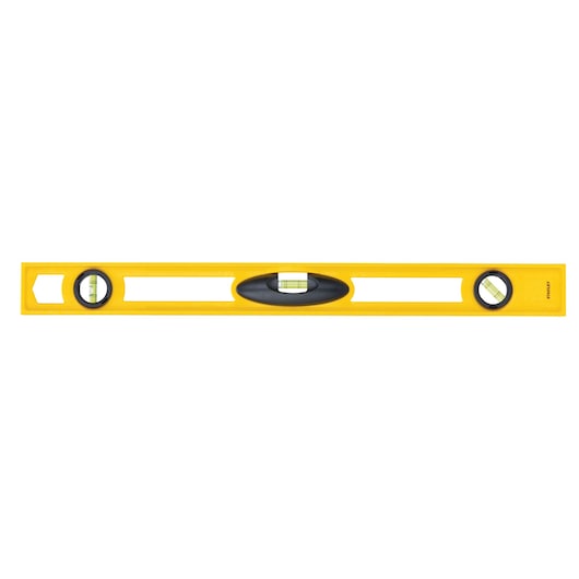 Stanley yellow spirit level, straight-on view, three vial windows, black accents, white background.