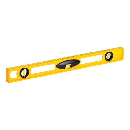 Stanley yellow spirit level with three vials and ruler markings, straight-on angle, white background