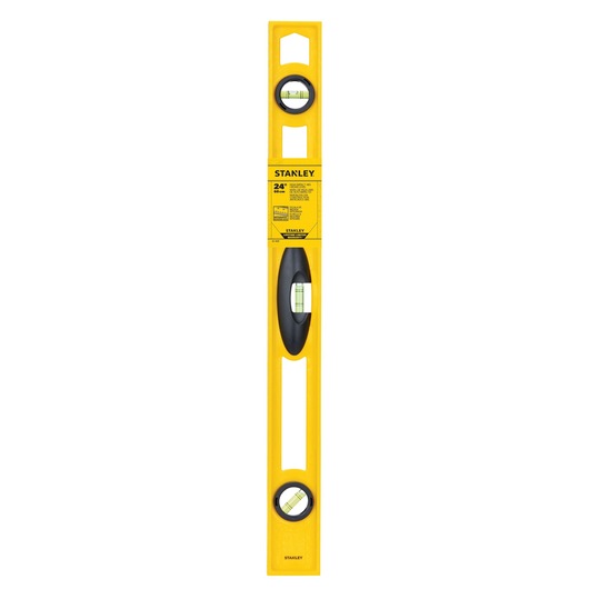 Stanley 42-468 yellow 24-inch box level with three bubble vials, front angle on white background.