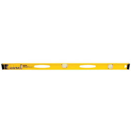 STANLEY 42-480 yellow ProBeam level with three vials and two hand grips, front view on white background.