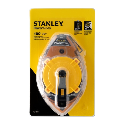STANLEY 47-460 chalk line reel PowerWinder in yellow and black packaging, front angle on white background.