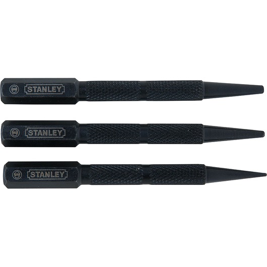 STANLEY 58-230 center punch set, black metal, knurled grip, three pieces, side angle on white background.