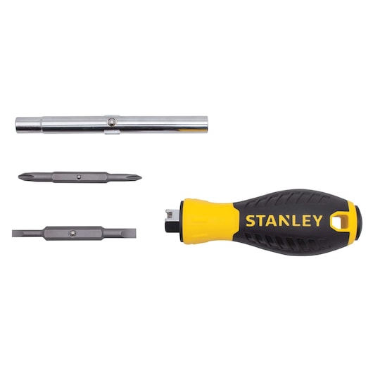 Stanley stubby screwdriver set, flat lay on white background with handle, shaft, and interchangeable bits