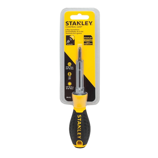 STANLEY 68-012 6-way screwdriver with black and yellow handle, packaged on white background, front view.