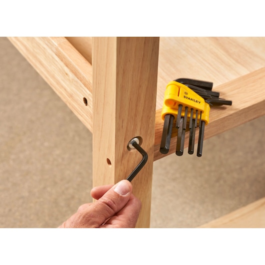 STANLEY 69-253 hex key set used to assemble wooden furniture, close-up angle.