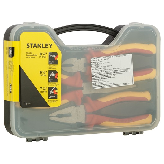 STANLEY 84-011 pliers set in clear plastic carrying case, three pliers with yellow and red handles, front angle.