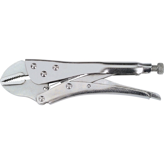 STANLEY 84-370 locking pliers, silver metal finish, side profile on white background, hand tool.