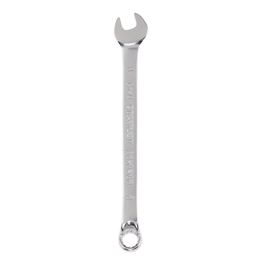 Photo of STANLEY 86-0406 combination wrench, silver finish, open-end and box-end, tool on white background.