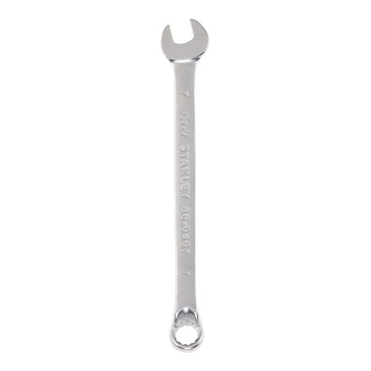 Photo of STANLEY 86-0407 combination wrench, chrome finish, front angle on white background.