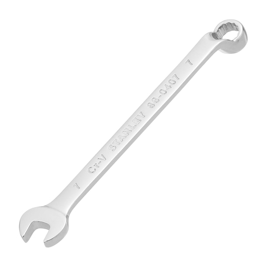 STANLEY 86-0407 chrome combination wrench, 7mm size, angled view on white background.