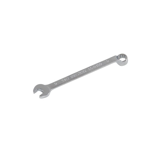 Photo of STANLEY 86-0409 combination wrench, silver, angled view, open-end and box-end on white background.