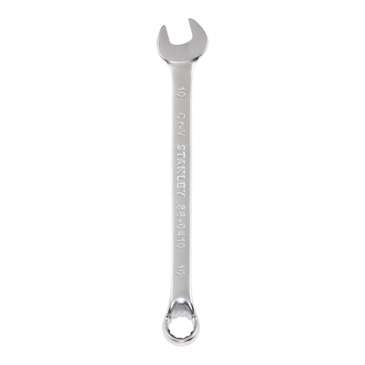 STANLEY 86-0410 combination wrench, silver, 10mm, flat lay on white background.