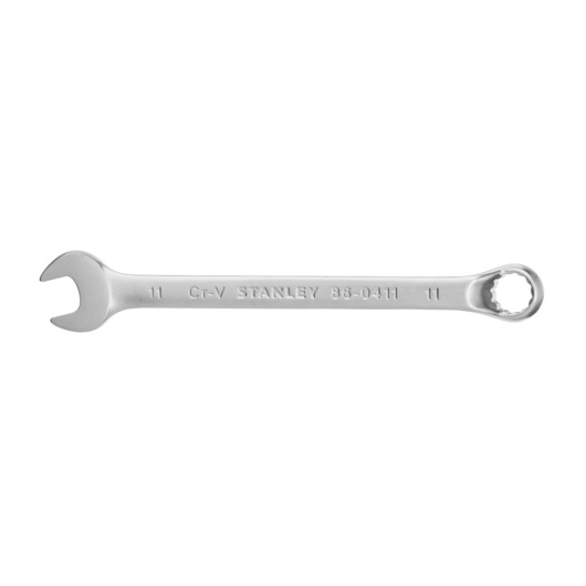 Stanley 86-0411 combination wrench, silver, with open and box ends, product on white background side view.