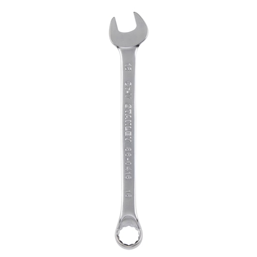 Photo of STANLEY 86-0416 combination wrench, silver, open-end and box-end, product shown from top on white background.