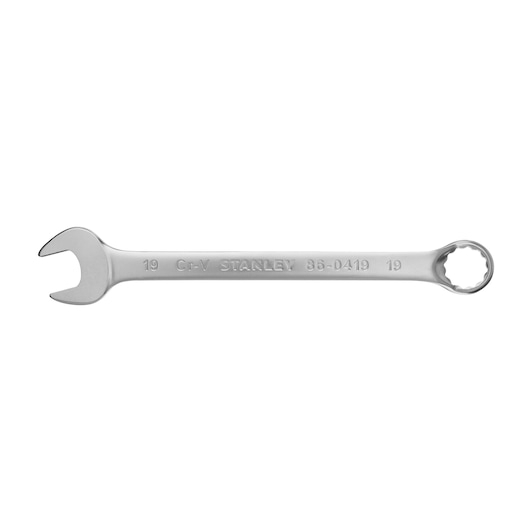 STANLEY 86-0419 combination wrench, silver finish, 19mm, open and box end, side angle on white background.