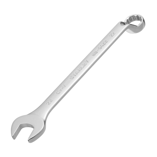 STANLEY 86-0422 combination wrench, chrome finish, 22mm size, top angle on white background.
