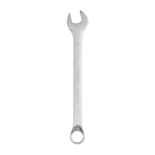 STANLEY 86-0426 combination wrench, silver finish, box end and open end, top view on white background.