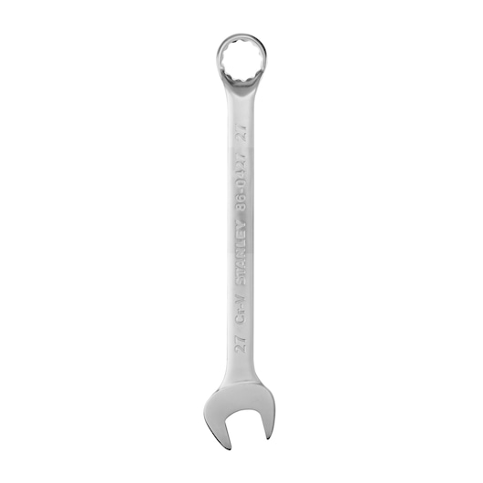 STANLEY 86-0427 combination wrench with open and box ends, silver, flat lay on white background.