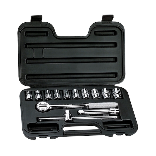 STANLEY 86-501 socket wrench set in black plastic case, top view, with chrome sockets and ratchet.