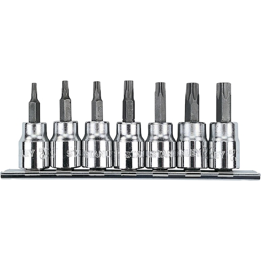 STANLEY 87-342 Torx bit socket set, seven chrome bits on rack, front angle, tool photography.