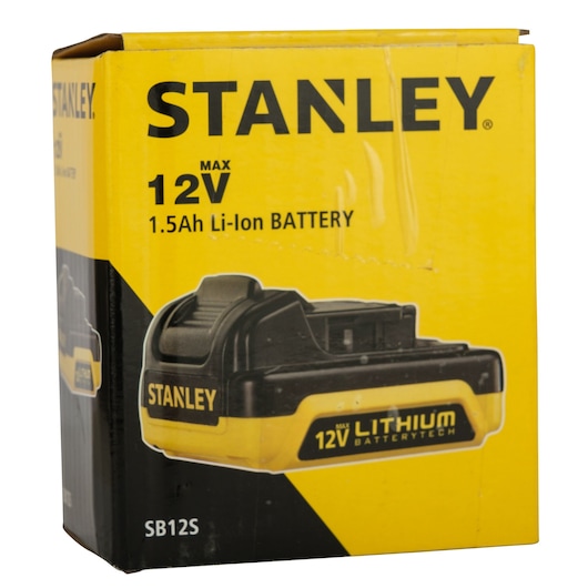 Photo of STANLEY SB12S 12V 1.5Ah lithium-ion battery box, yellow and black packaging, front angle.