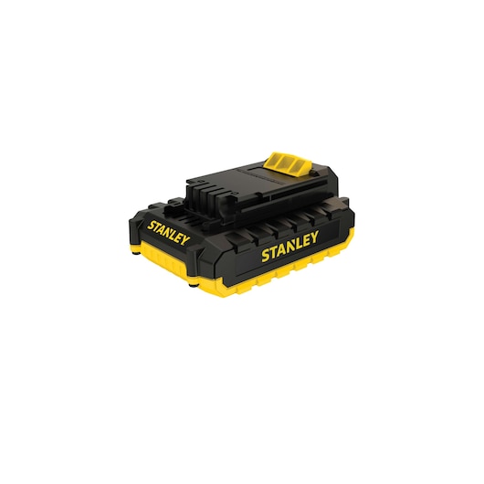 STANLEY SBI201S2K black and yellow power tool battery, angled view on white background.