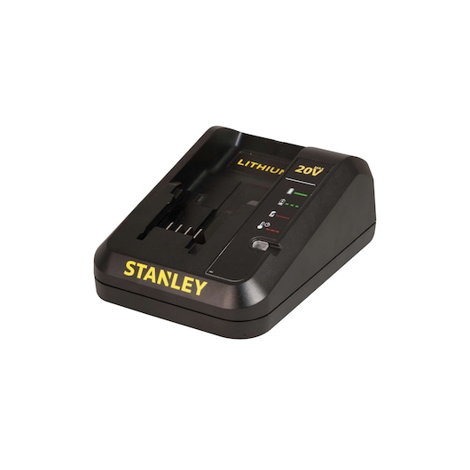 STANLEY SBI201S2K battery charger, black, 20V lithium, angled front-left photo on white background.