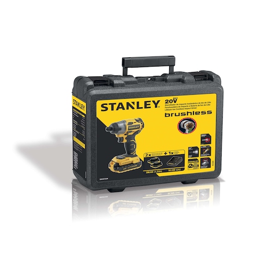 STANLEY SBI201S2K brushless impact driver photography of kit box, yellow and black, front angle.