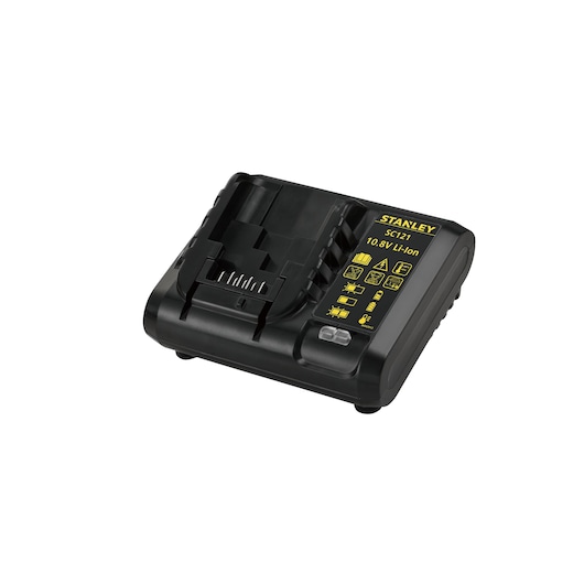 STANLEY SC121 black battery charger, 10.8V Li-Ion, photography of front angle on white background.
