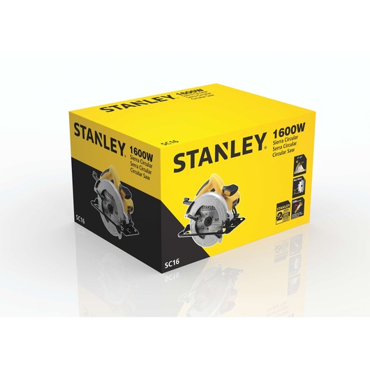 STANLEY SC16 circular saw packaging, yellow and black box, product image and key features visible, angled view.