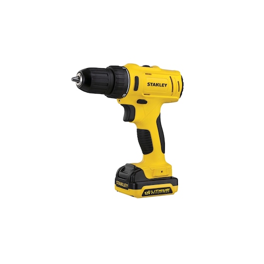 Photo of STANLEY SCD12S1 12V cordless drill, yellow and black, side angle, with lithium battery visible.