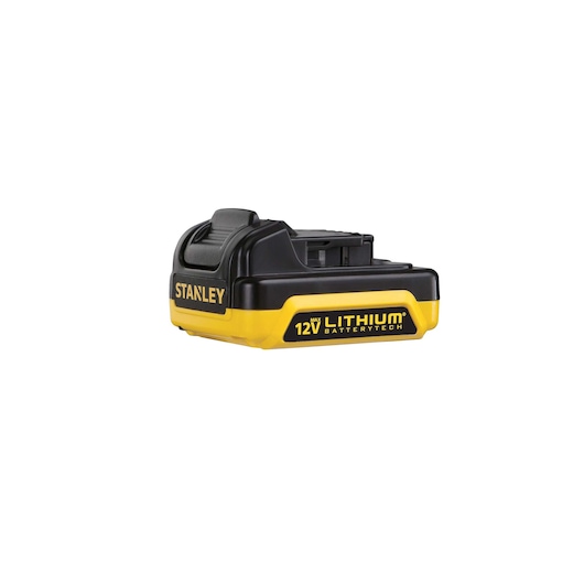 STANLEY SCD12S2K 12V lithium battery pack, yellow and black, front angled view, photography